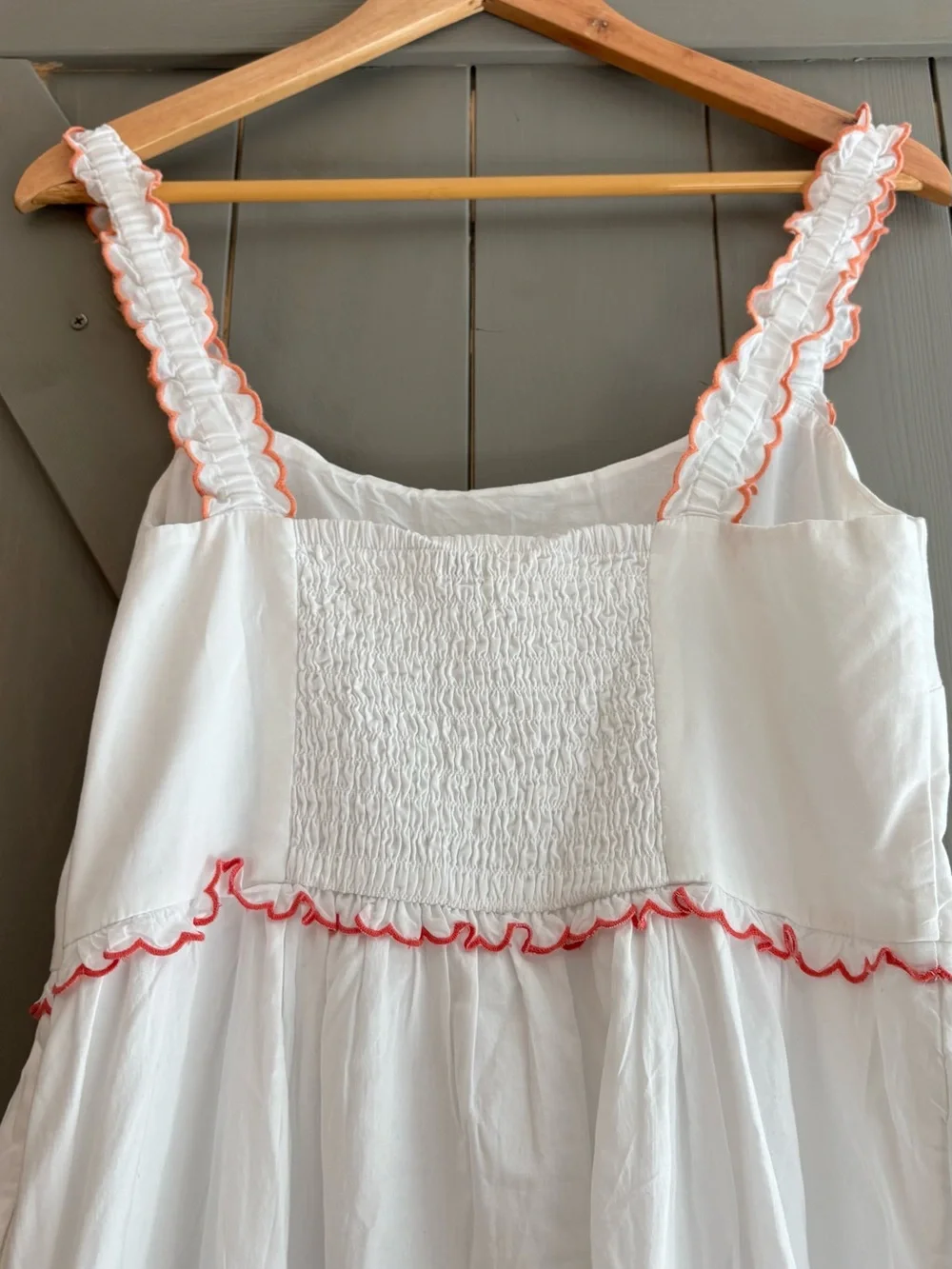 J. Crew White Maxi Dress with Pink Scalloped Trim